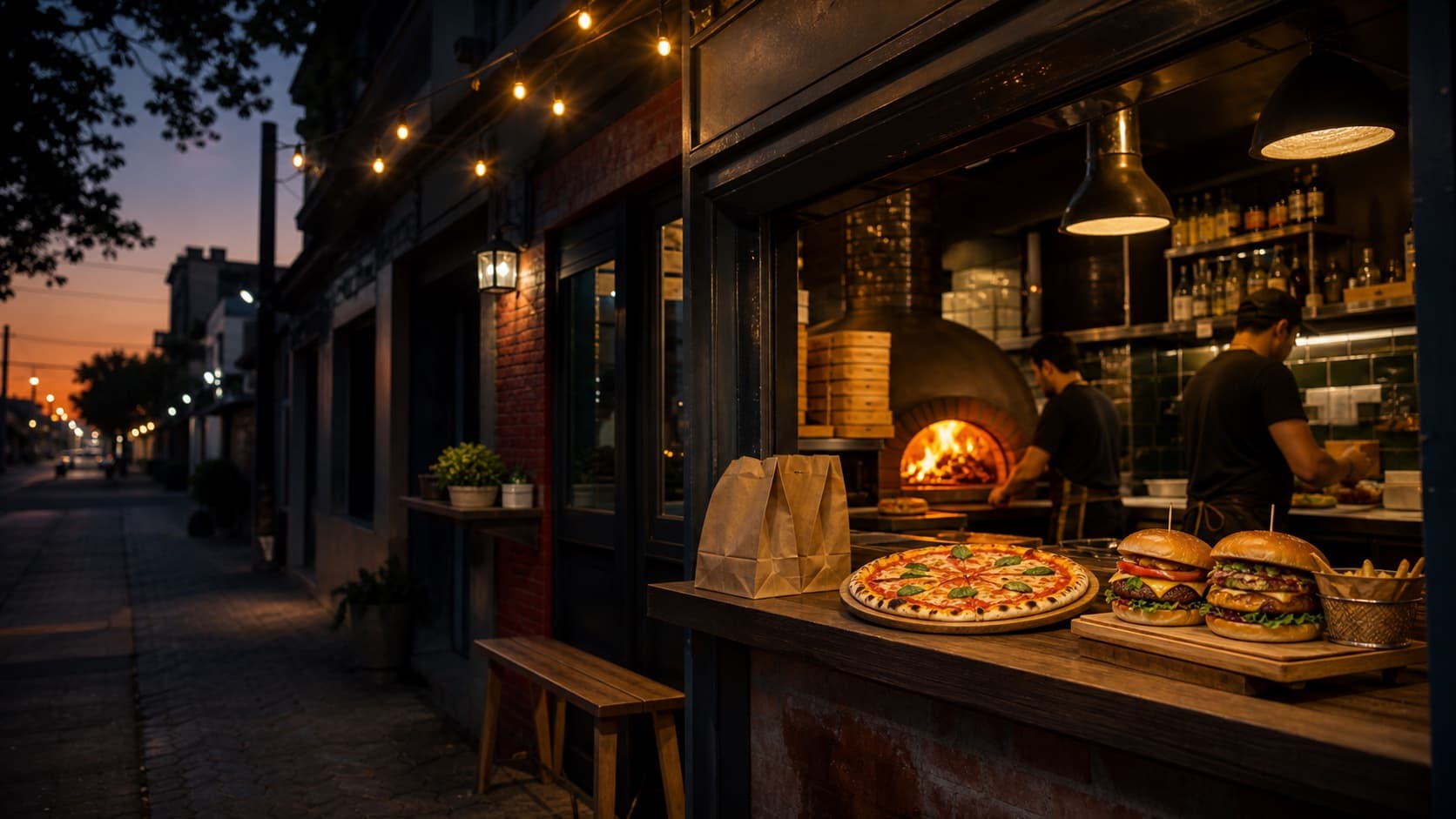 Local gastronómico de barrio con pizza, hamburguesas y pedidos para llevar